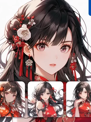 Midjourney Prompt Lady Face Girl China Red Beautiful Chinese Princess Portrait Gown Animation Cartoon Painting