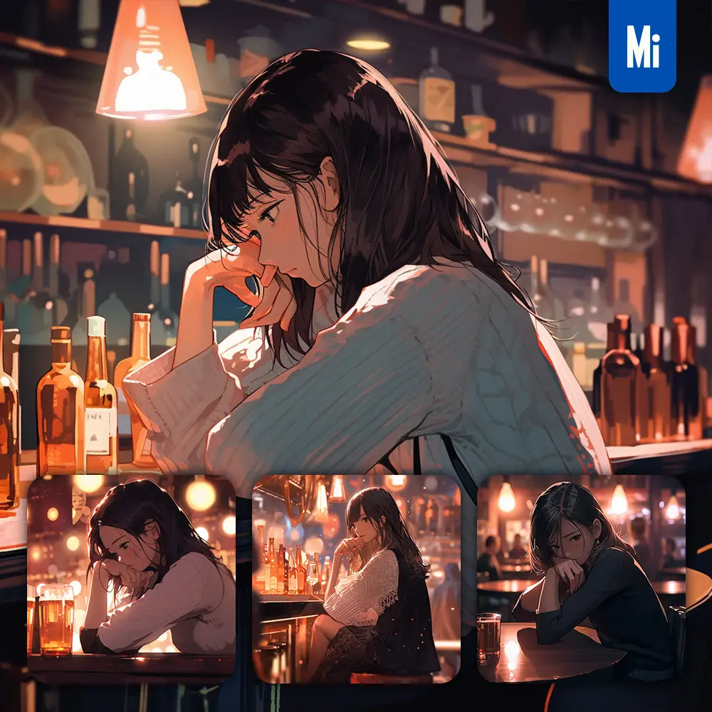Midjourney Prompt Lady Woman Beautiful Bar Girl Drinking Animation Painting Illustration