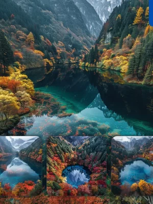 Midjourney Prompt Lake Autumn Colorful Forest Valley Water River Tree Woods Leaves Landscape Photography