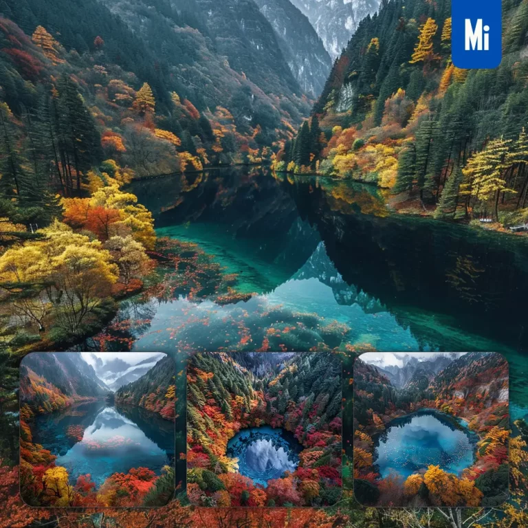 midjourney prompt lake autumn colorful forest valley water river tree woods leaves landscape photography