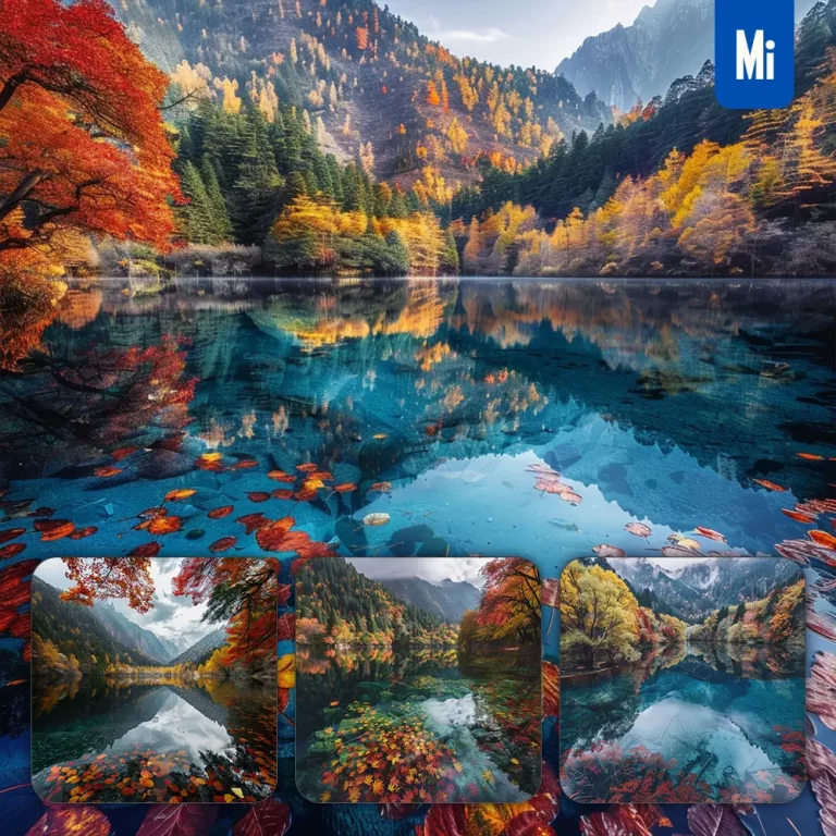midjourney prompt lake autumn forest leaves water yellow red hill mountain landscape photography