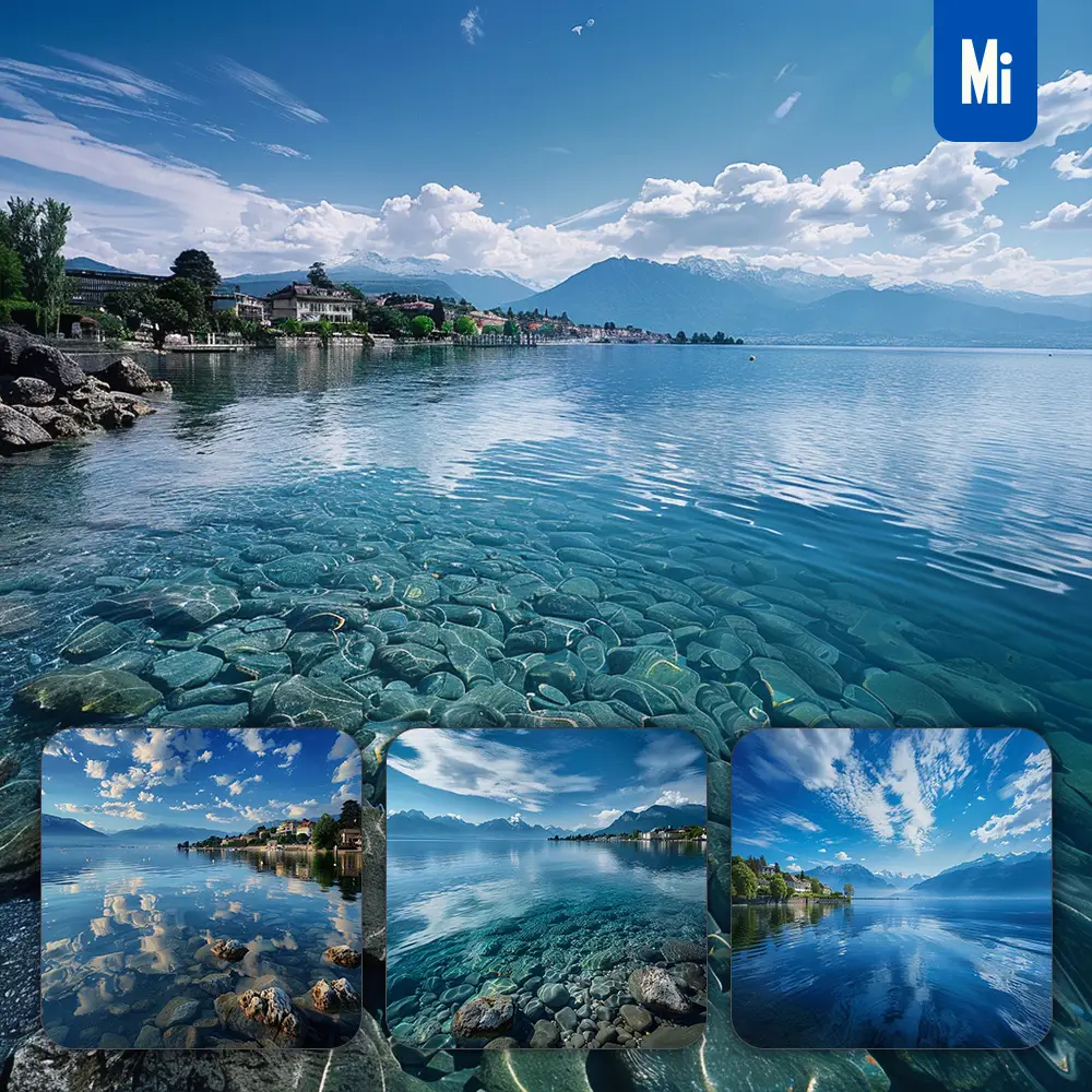 Midjourney Prompt Lake Blue Sky Cloud Water Town Mountain Landscape Photography