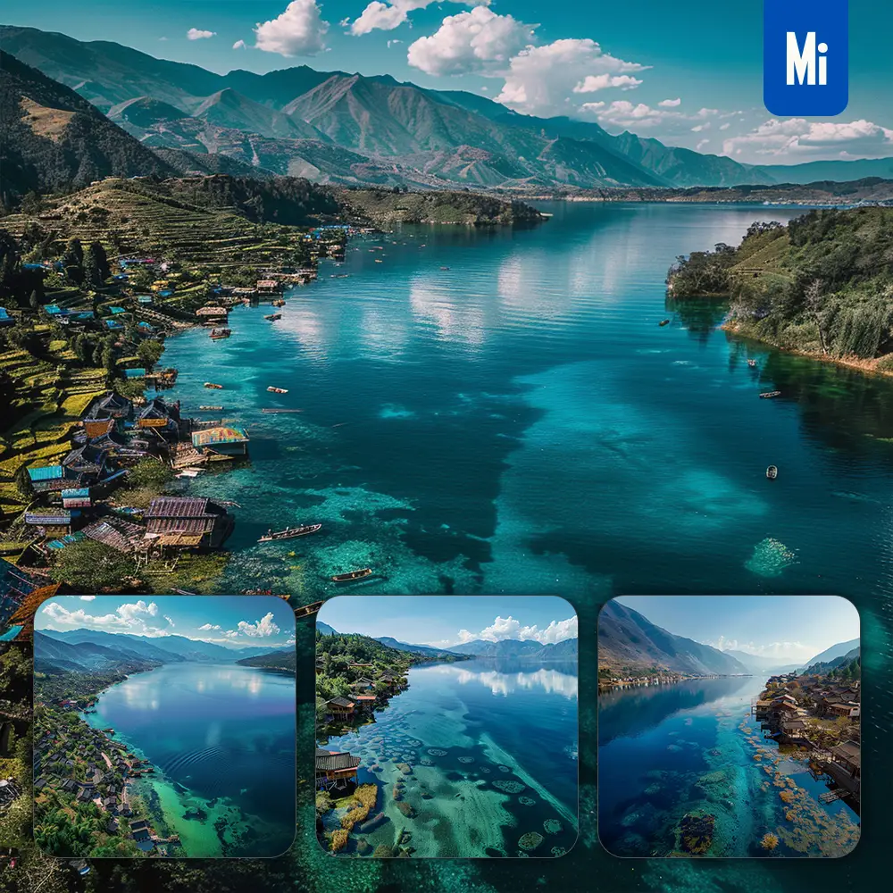 midjourney prompt lake mountain water village house blue sky landscape photography