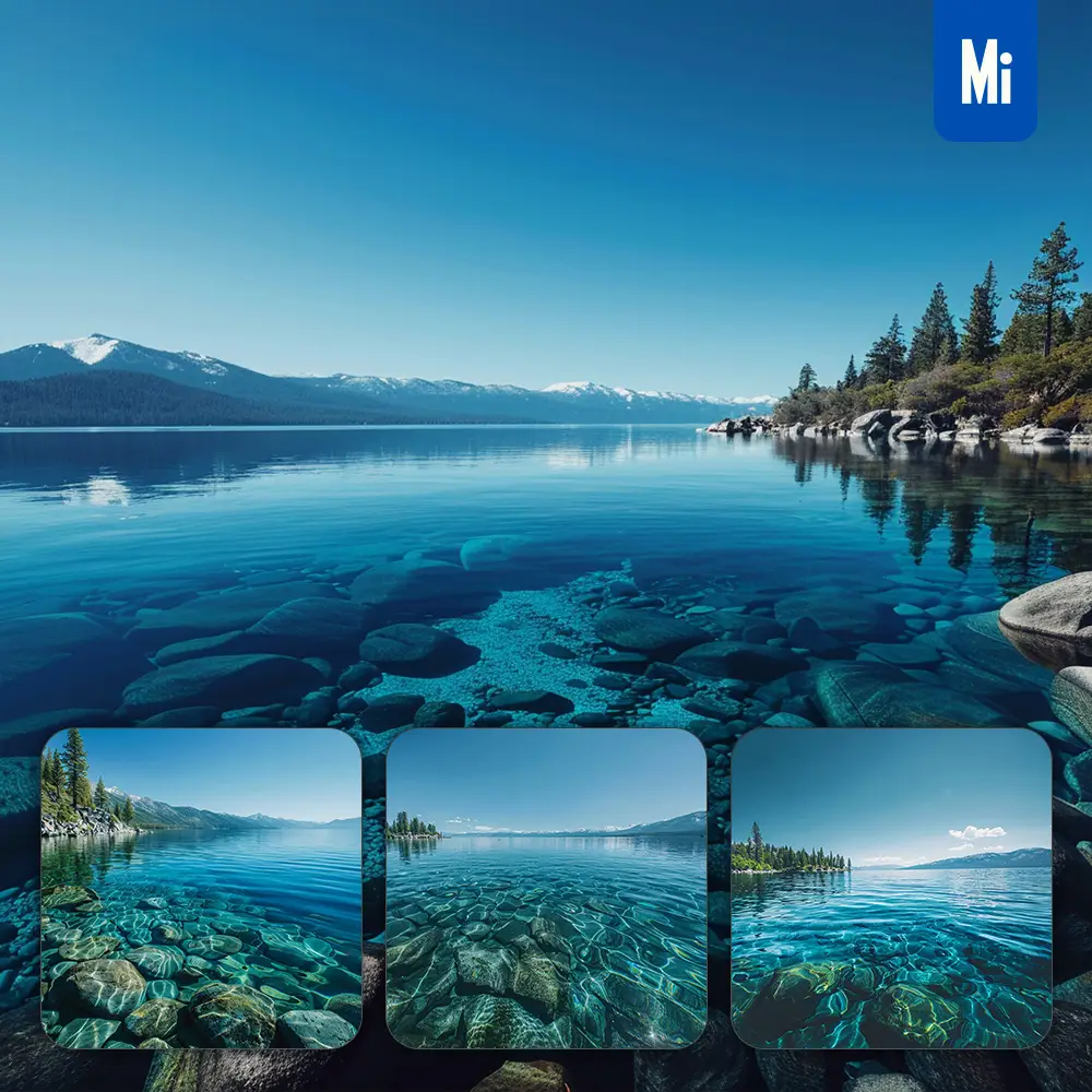 Midjourney Prompt Lake Water Pine Forest Mountain Peak Blue Sky Landscape Photography