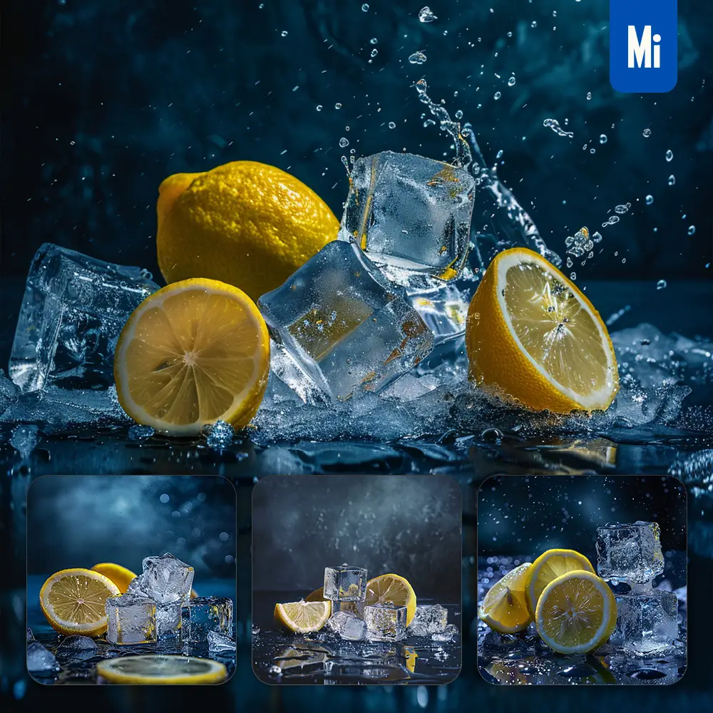Midjourney Prompt Lemon Ice Cube Water Photography