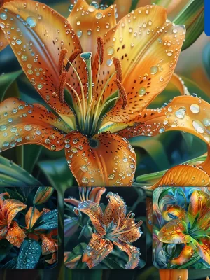 Midjourney Prompt Lily Orange Flower Branch Leaves Leaf Dewdrop Drop