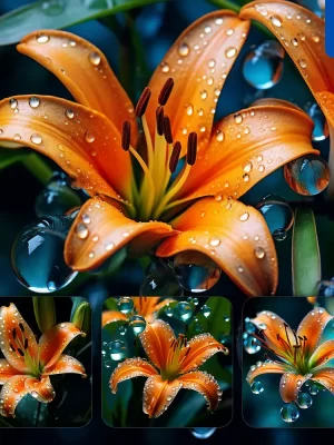 Midjourney Prompt Lily Orange Flower Branch Leaves Leaf Dewdrop Drop Photography