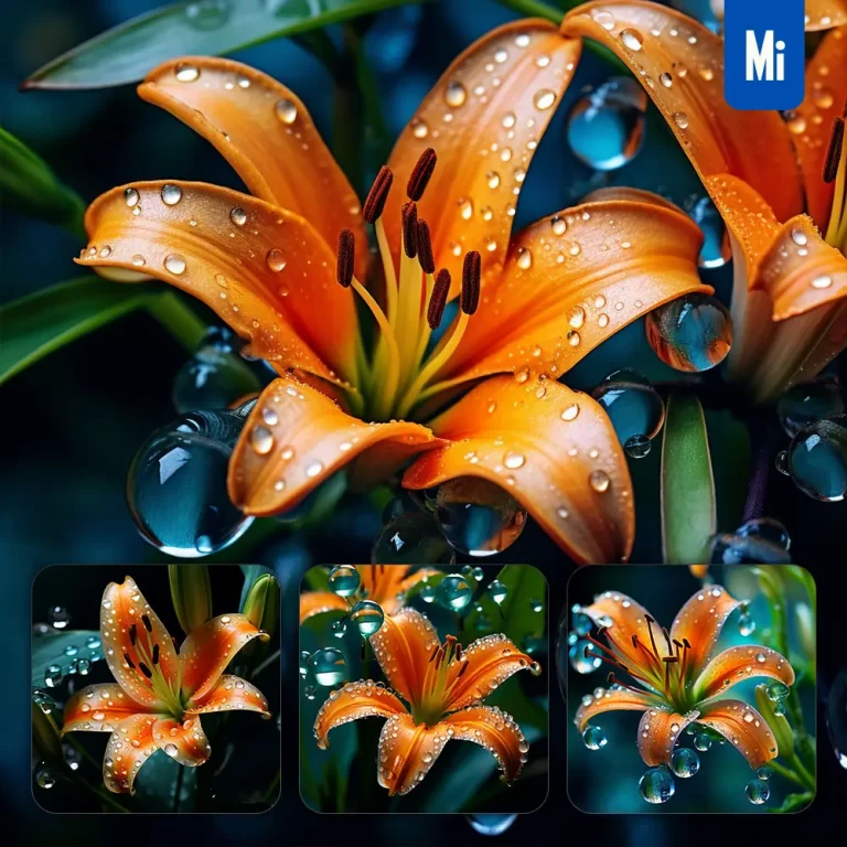 midjourney prompt lily orange flower branch leaves leaf dewdrop drop photography