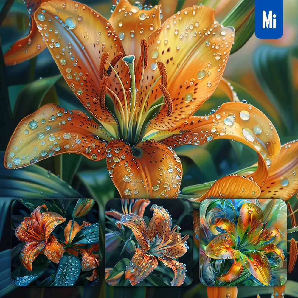 midjourney prompt lily orange flower branch leaves leaf dewdrop drop