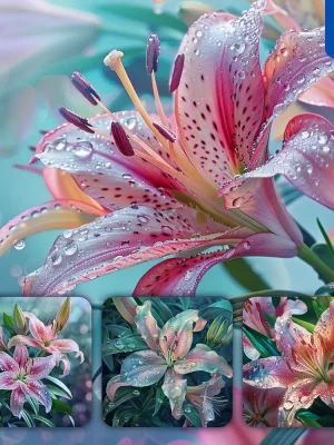 Midjourney Prompt Lily Pink Flower Branch Leaves Leaf Dewdrop Drop