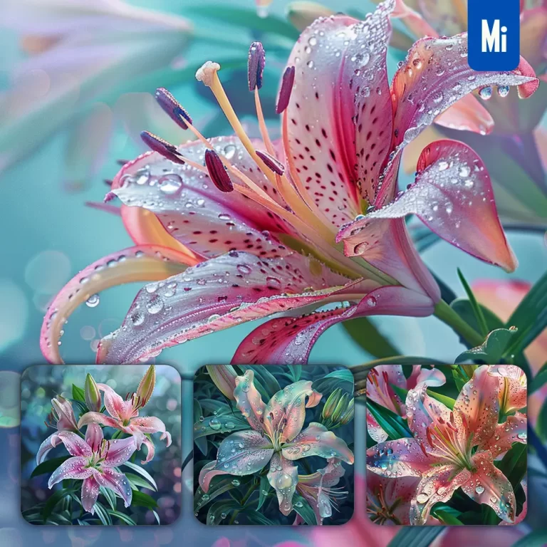 midjourney prompt lily pink flower branch leaves leaf dewdrop drop