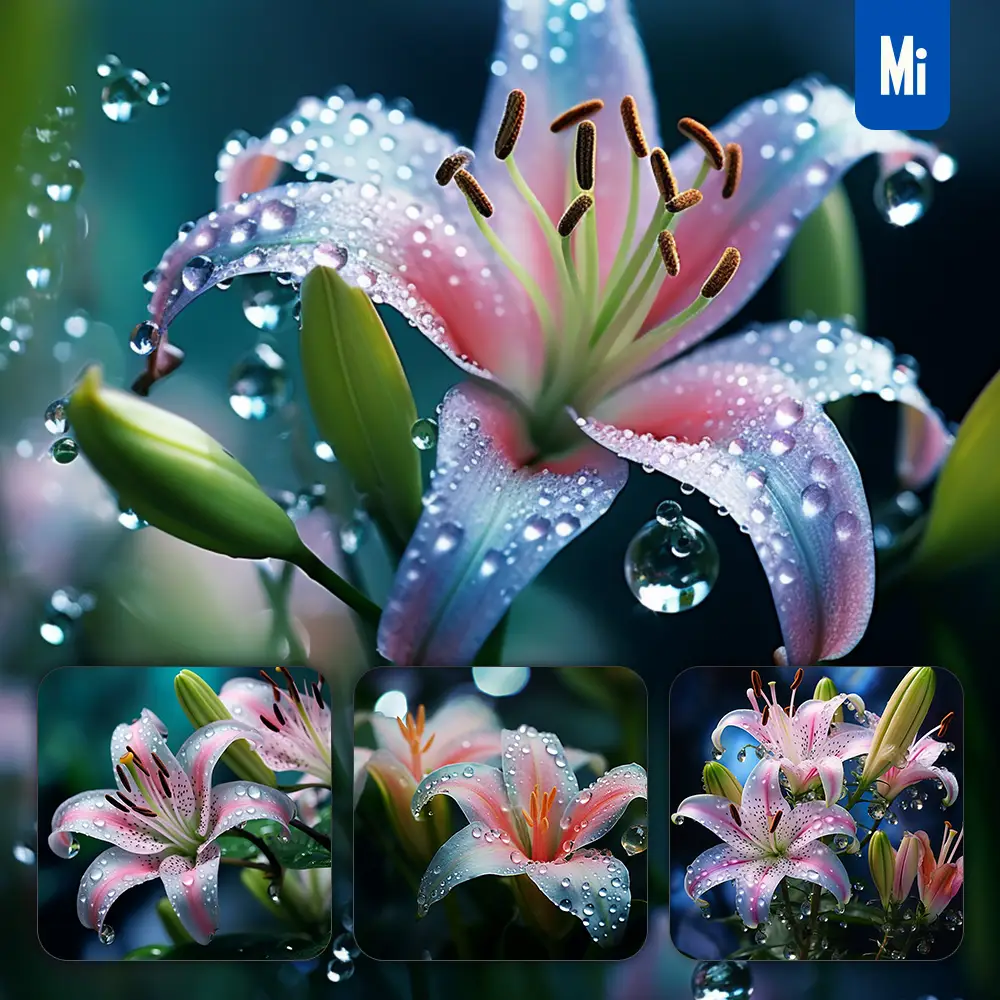 Midjourney Prompt Lily Pink Flower Branch Leaves Leaf Dewdrop Drop Photography