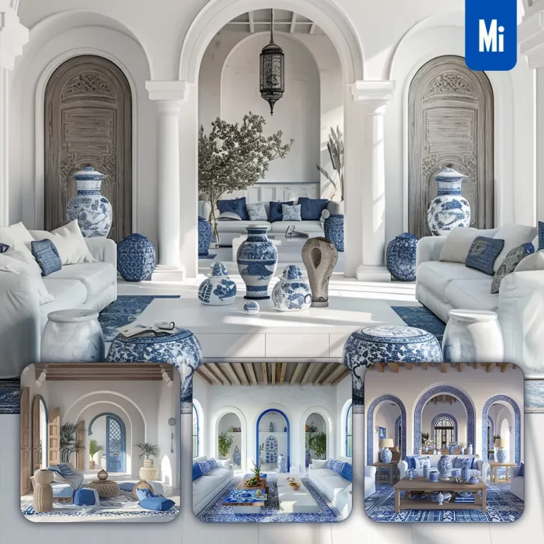midjourney prompt living room Mediterranean blue home arched doorway light photography