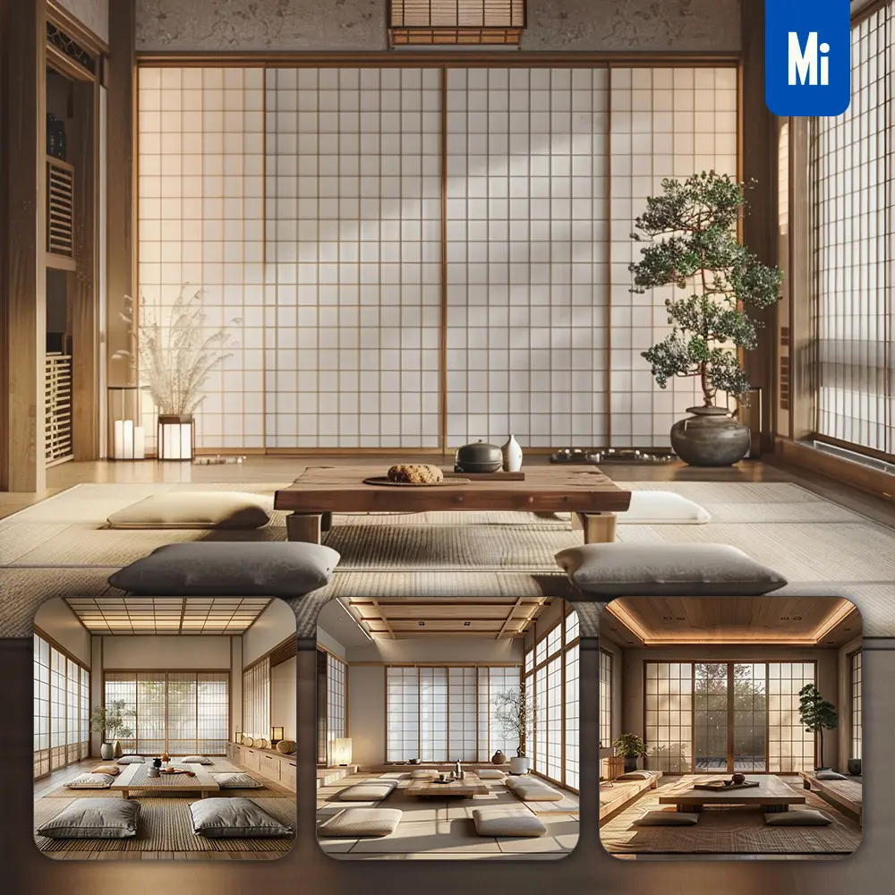 Midjourney Prompt Living Room Wooden Furniture Tatami Mat Screen Japanese Home Light Zen Photography