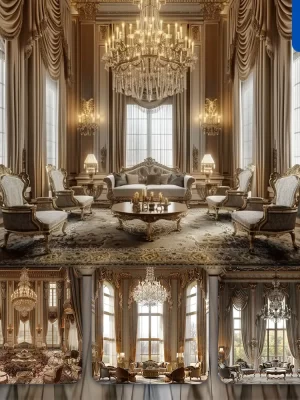 Midjourney Prompt Luxurious Living Room Ornate Furniture Chandelier Window Opulent Photography