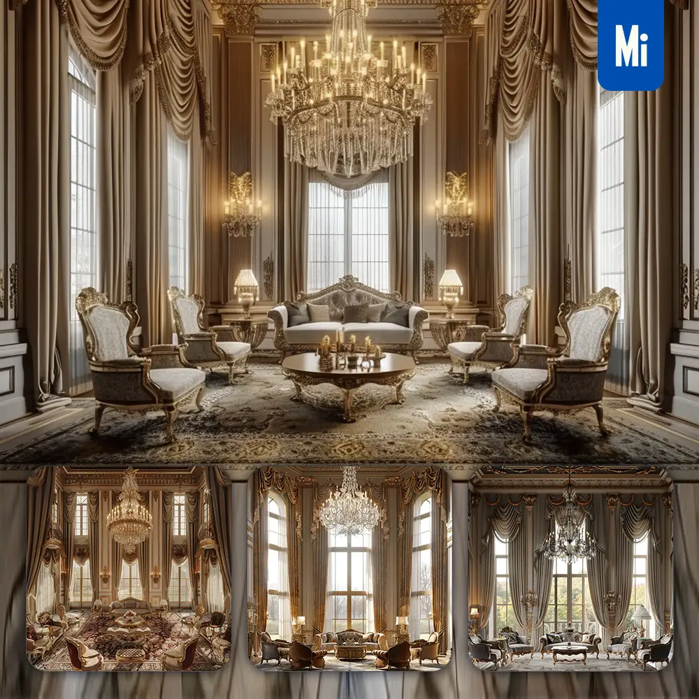 midjourney prompt luxurious living room ornate furniture chandelier window opulent photography
