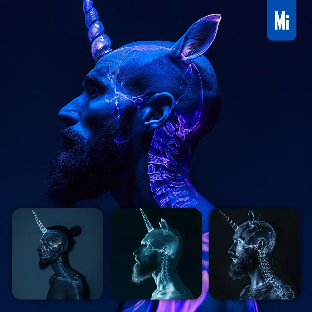 midjourney prompt man X-ray light blue dark unicorn head portrait photography