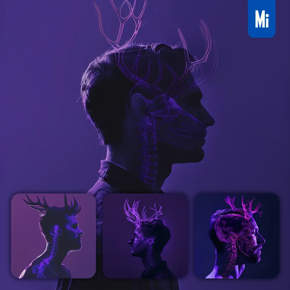 midjourney prompt man X-ray light dark purple deer head portrait photography