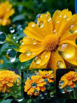 Midjourney Prompt Marigold Flower Branch Leaves Leaf Dewdrop Drop Photography