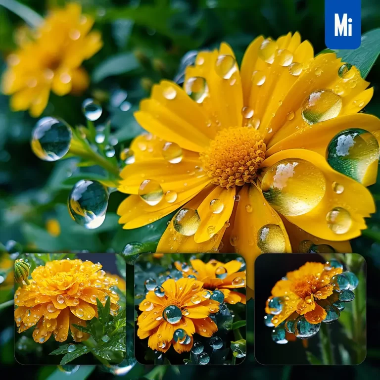 midjourney prompt marigold flower branch leaves leaf dewdrop drop photography