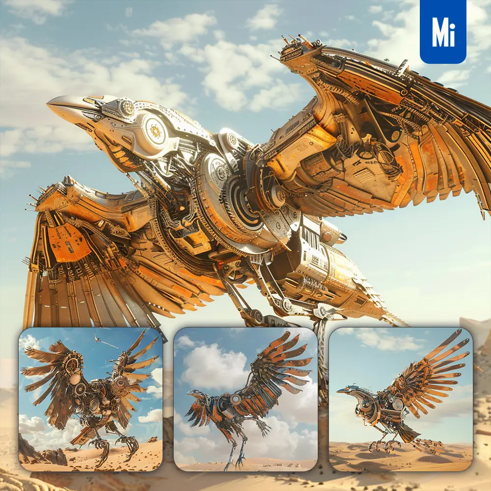 midjourney prompt mechanical bird wing fly flying sandy desert CG 3D rendering