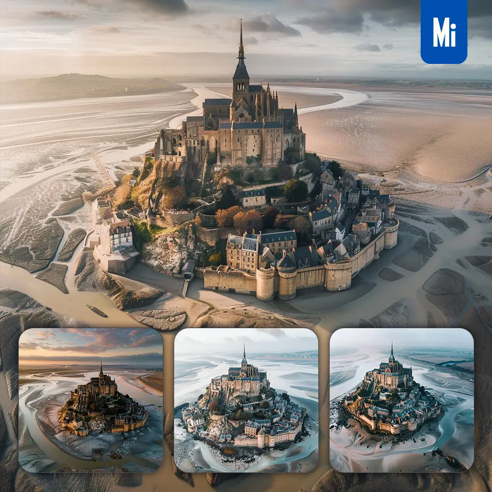 midjourney prompt medieval village abbey island rocky sandy castle alcazar landscape photography