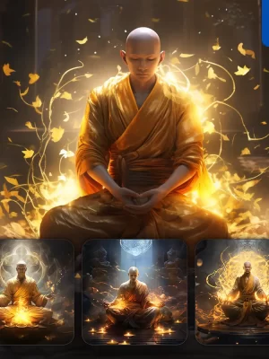 Midjourney Prompt Monk Golden Cg Lighting Sit Cross Legged Art Meditation Buddhist Taoist