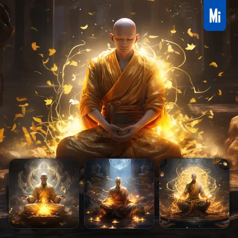 midjourney prompt monk golden CG lighting sit cross-legged art meditation Buddhist Taoist