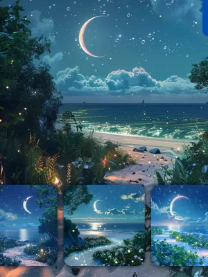 Midjourney Prompt Night Sea Crescent Moon Star Sky Beach Starry Cg