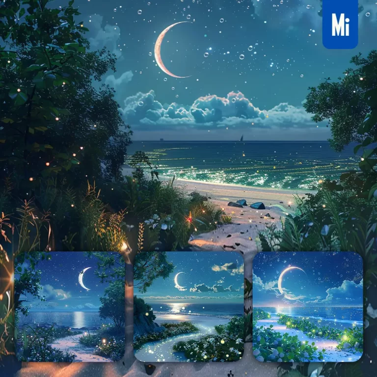 midjourney prompt night sea crescent moon star sky beach starry CG
