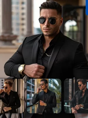 Midjourney Prompt Outfit Man Gentleman Suit Elegance Fashion Handsome Luxury Watch Sunglasses Photography