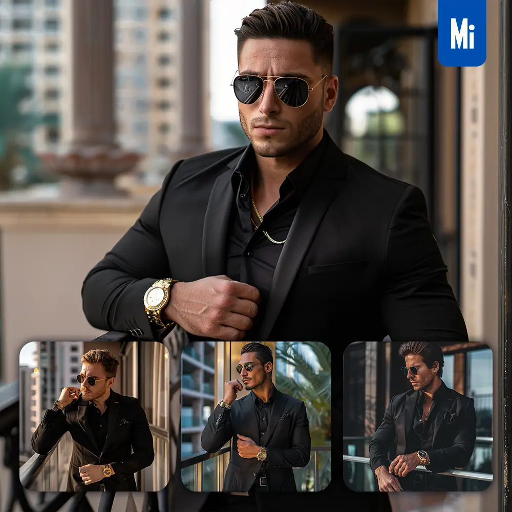 Midjourney Prompt Outfit Man Gentleman Suit Elegance Fashion Handsome Luxury Watch Sunglasses Photography