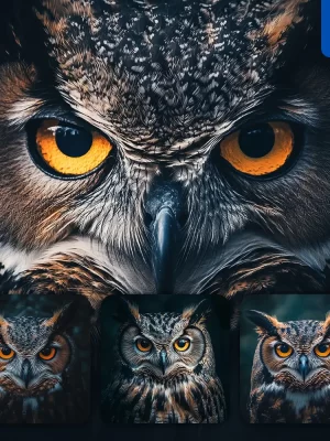 Midjourney Prompt Owl Eyes Head Straight Face Detailed Close Up Photography