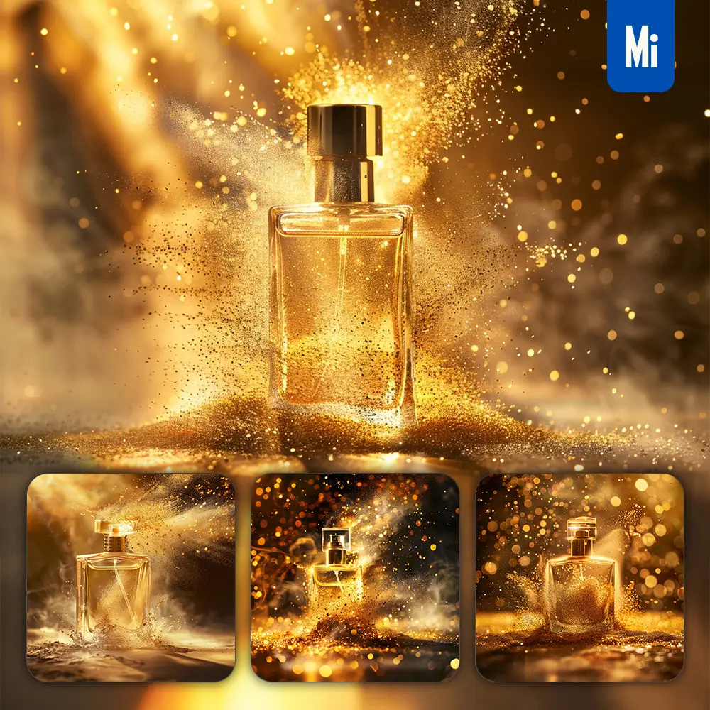 Midjourney Prompt Parfum Bottle Golden Luxury Dust Lighting Photography