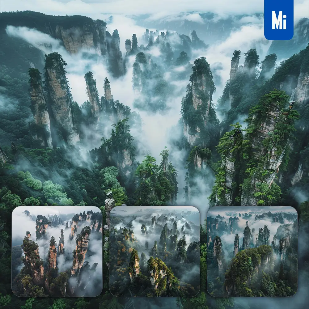 Midjourney Prompt Peak Mist Sandstone Pillar Forest Landscape Photography
