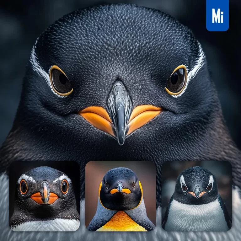 midjourney prompt penguin eyes head straight face detailed close up photography