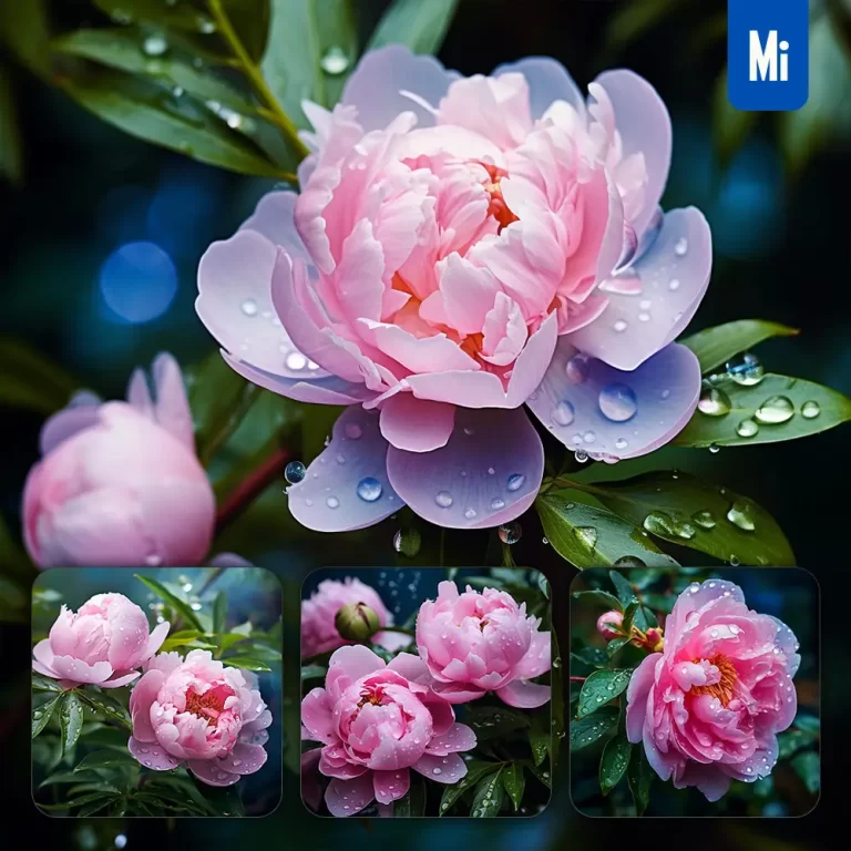 midjourney prompt peony flower branch leaves leaf dewdrop drop photography