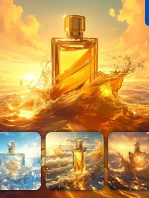 Midjourney Prompt Perfume Golden Luxury Water Wave Sea Sunshine Photography