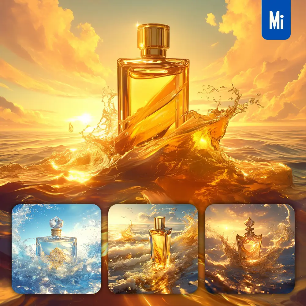 midjourney prompt perfume golden luxury water wave sea sunshine photography