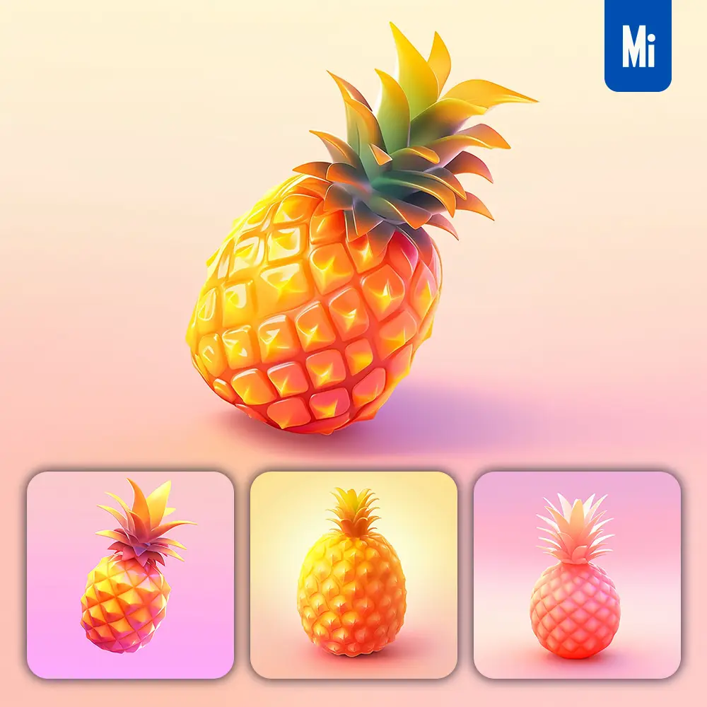 midjourney prompt pineapple 3D icon game cartoon cute lovely