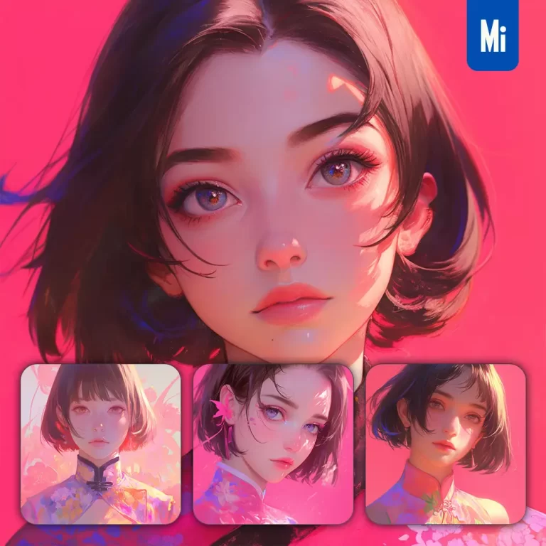 midjourney prompt pink Chinese Asian beautiful woman girl lady face portrait animation cartoon painting