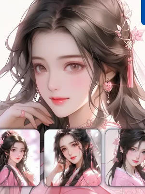 Midjourney Prompt Pink Chinese Beautiful Asian Woman Fairy Girl Lady Face Portrait Animation Cartoon Painting