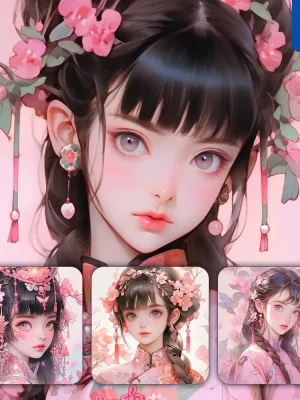Midjourney Prompt Pink Chinese Beautiful Asian Woman Girl Lady Face Portrait Flower Animation Cartoon Painting