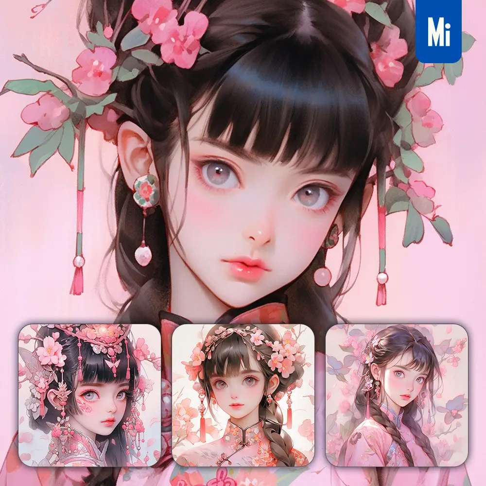 midjourney prompt pink Chinese beautiful Asian woman girl lady face portrait flower animation cartoon painting