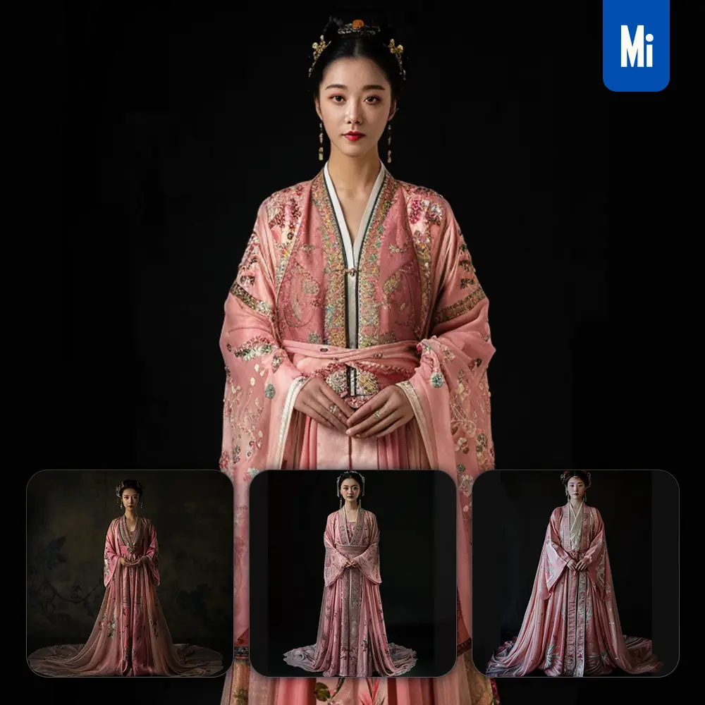 midjourney prompt pink Chinese gown princess infanta woman lady girl standing photography
