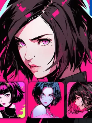 Midjourney Prompt Pink Neon Short Hair Beautiful Woman Capable Girl Lady Face Portrait Animation Cartoon