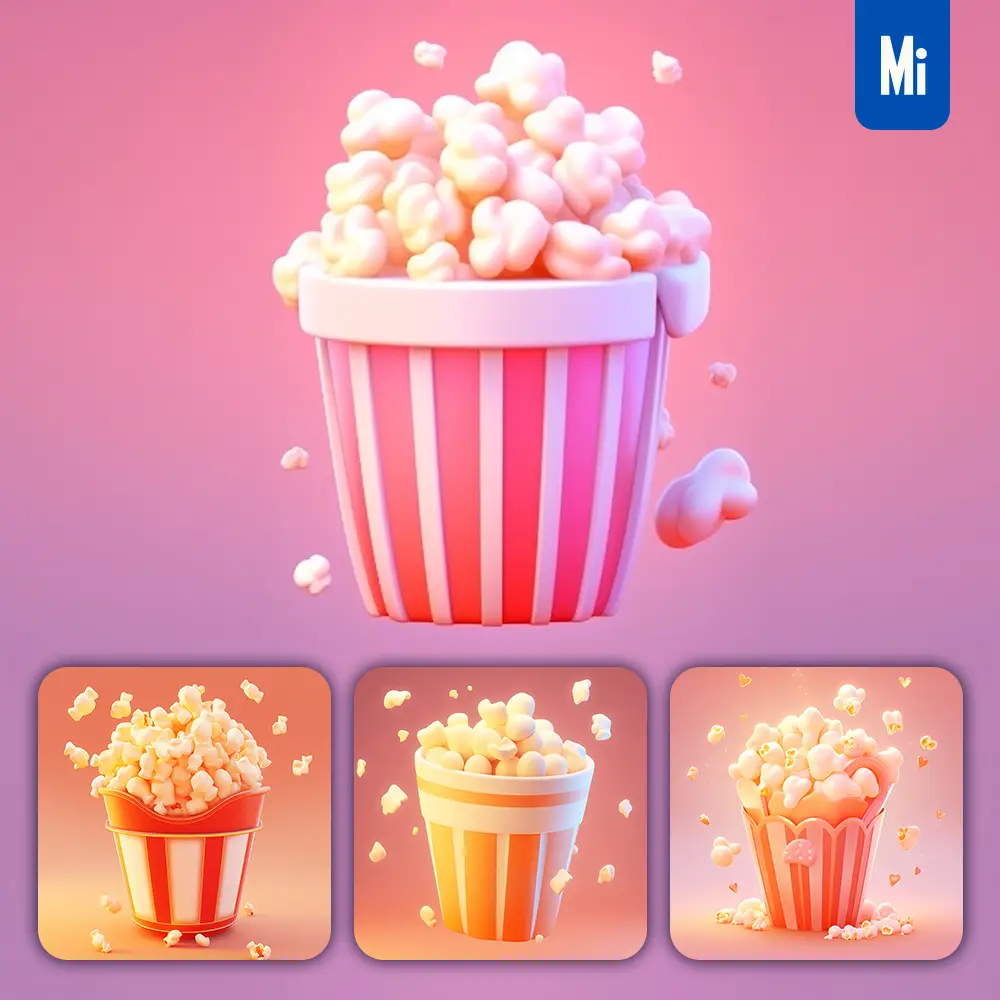 midjourney prompt popcorn 3D icon game cartoon cute lovely
