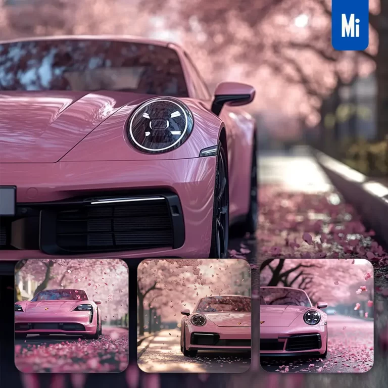 midjourney prompt Porsche pink porshe car front flower petal tree street road photography