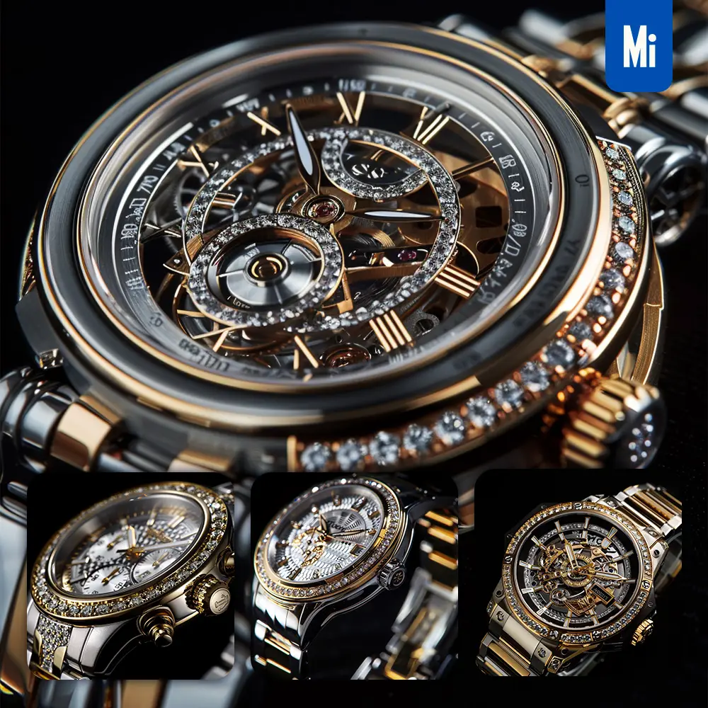 Midjourney Prompt Precious Metals Mechanical Watch Morden Gold Golden Crystal Diamond Luxury Photograph