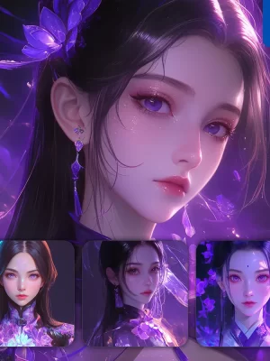 Midjourney Prompt Purple Chinese Asian Beautiful Woman Girl Lady Face Portrait Animation Cartoon Painting